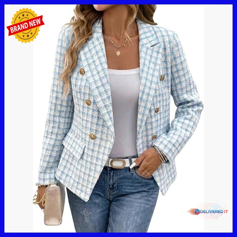 Women's Tweed Plaid Blazer Double-Breasted Slim Fit Fully Lined Work Jacket